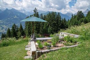 a garden with an umbrella on top of a hill at Chalet Berghaus Bartholomäberg in Bartholomäberg +21 photos