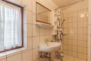 łazienka z umywalką, lustrem i oknem w obiekcie Mugeba Club Residence w Poreču