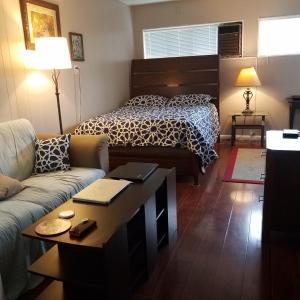 sala de estar con cama y sofá en Woodland Hills BEST Priced Room, en Woodland Hills