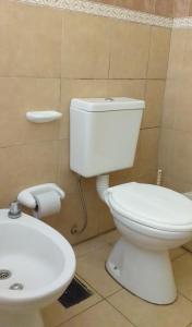 a bathroom with a white toilet and a sink at Cabaña Don Oscar in Federación