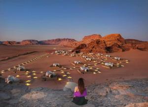 a woman sitting in the sand with a bunch of animals at Wadi Rum Bubble Luxotel in Wadi Rum