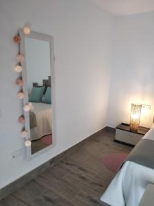 a bedroom with a mirror and a bed at Alojamientos 4nudos in San José