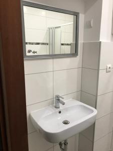 ein Badezimmer mit einem weißen Waschbecken und einem Spiegel in der Unterkunft Wagner Ferien Apartments in Essen + 28 Fotos