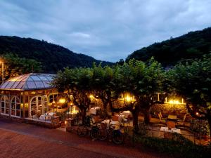 ein Gebäude mit Bäumen in der Nacht davor in der Unterkunft Landhotel Zum Bären in Balduinstein