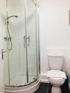 ein Bad mit einer Dusche und einem WC in der Unterkunft Fountain View 1BR Flat Oxford - Free Parking in Oxford