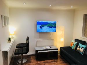 ein Wohnzimmer mit einem schwarzen Sofa und einem TV an der Wand in der Unterkunft Fountain View 1BR Flat Oxford - Free Parking in Oxford