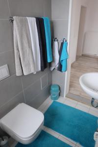 uma casa de banho com WC, lavatório e toalhas em Ferienhaus am Wald em Bad Elster