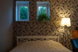 um quarto com uma cama e duas janelas em Supelung em Tõrva