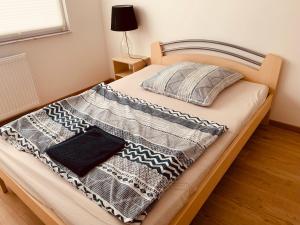 a bed with a wooden headboard and pillows on it at Apartment vor Magdeburg in Gerwisch