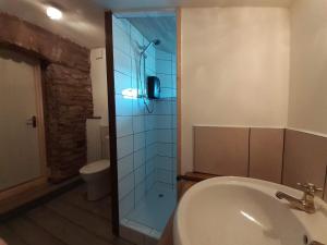 a bathroom with a shower and a sink and a toilet at Oakdean Cottage Yurt in Blakeney