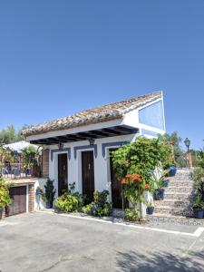 a white house with plants on the steps at La Noguera de Baena in Baena