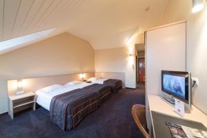 een hotelkamer met 2 bedden en een televisie bij Hotel Leo Station, Villa et Annexes in Bastenaken