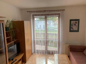una sala de estar con una gran puerta corredera de cristal en Pension 325, en Tábor