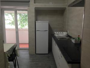a kitchen with a white refrigerator and a sink at Nas Palhas Deitado in Fátima