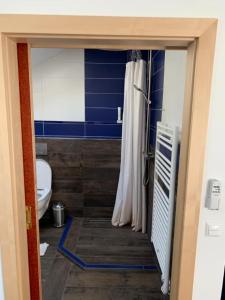 a bathroom with a toilet and a shower curtain at Clubdorf Galtür GmbH Veldener Traumschiff in Velden am Wörthersee