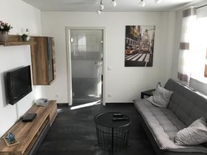 ein Wohnzimmer mit einem Sofa und einem TV in der Unterkunft Ferienwohnung zum Heilbrünnchen in Emmelshausen