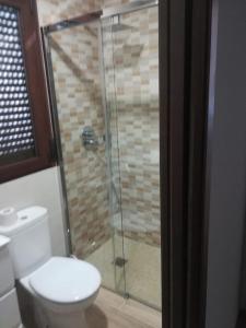 een badkamer met een toilet en een glazen douche bij Apartamentos Buena Vista Bajo 1 in Coto Rios