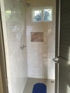 a shower with a glass door and a window at Mirador Finca Morrogacho in Manizales
