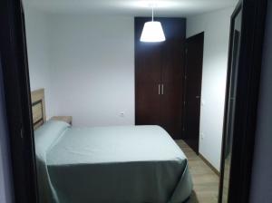 um pequeno quarto com uma cama e um espelho em Apartamentos Buena Vista 1 em Coto Rios