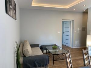 sala de estar con sofá y mesa de cristal en Grey apartment 50 m2, en Tarnowskie Góry