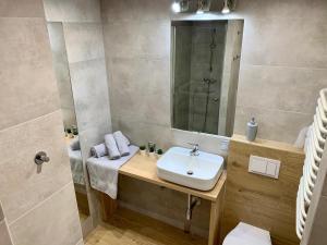 a bathroom with a sink and a mirror at Marszałka 28 in Jelenia Góra