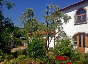 una casa bianca con un giardino con fiori rossi di Villa Magni a Pistoia
