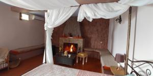 a bedroom with a fireplace and a bed with a canopy at Sea Lily Villa & Playground in Platanidia