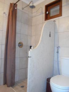 a bathroom with a shower with a toilet and a shower curtain at Hillsidehouse in Magouládes
