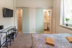 Schlafzimmer mit einem Bett, einem Schreibtisch und einem TV in der Unterkunft Penzion Moon in Ostrava