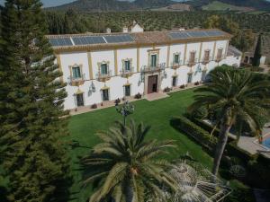 an aerial view of a large house with palm trees at Hacienda El Rosalejo in Villamartín