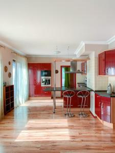 uma cozinha com armários vermelhos e um balcão preto em Penthouse Am Goethepark - Apartments & Suites Weimar em Veimar