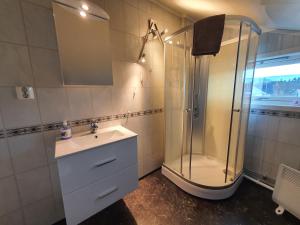 a bathroom with a shower and a sink at 1 Room in The Yellow House, close to Airport & Lofoten in Evenskjer