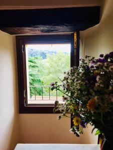 uma janela com um vaso de flores num quarto em Antico Borgo dell'Anconella - grande appartamento rustico em Anconella