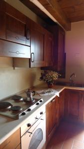 cocina con fogones y armarios de madera en Antico Borgo dell'Anconella - rustico appartamento ideale per 2 o 3 persone, en Anconella