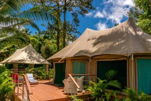 yurta con terraza, sillas y árboles en Canvas & Orchids Retreat, en Tatai