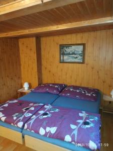 a bedroom with a bed in a wooden room at Pension Panorama in Tanvald