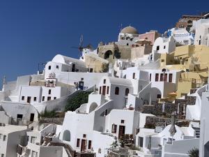 een groep witte gebouwen aan de zijkant van een heuvel bij Fotinos Houses in Oia