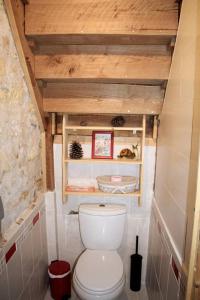 a bathroom with a toilet in a small room at La Tanière du LoupBlanc, 8mn du Zoo de Beauval in Châteauvieux