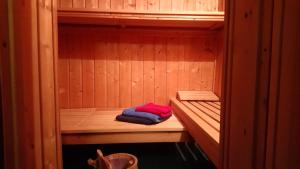 a wooden sauna with a red and blue towel at Bauwagen Villa Frederik in Radebeul