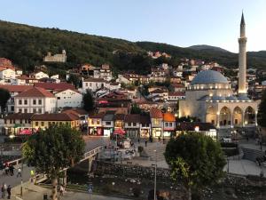 a view of a city with a mosque and a town at Theranda Hotel in Prizren