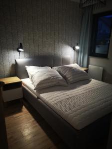 łóżko z dwiema poduszkami w sypialni w obiekcie Zielona Krynica Apartament w mieście Krynica Morska