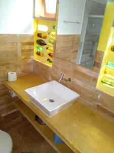 La salle de bains est pourvue d'un lavabo et d'un miroir. dans l'établissement Maria Teresa Bragança Pousada, à Jericoacoara