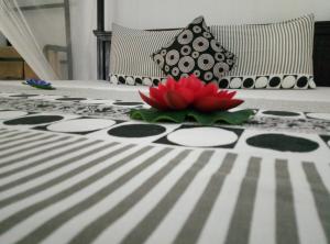 a red flower sitting on top of a bed at Ging View Villa in Galle