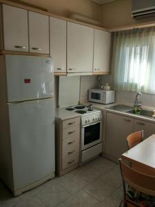 a kitchen with a white refrigerator and a stove at Comfort apartment for small family in Loutraki +34 photos