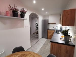 a kitchen with a counter top and a refrigerator at Apartament Sobieski in Sanok +20 photos