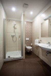 a bathroom with a shower and a toilet and a sink at Hotel Cēsis in Cēsis