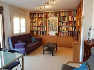 a living room with a couch and book shelves filled with books at Atico Alhamilla in Almería