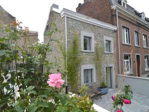 um edifício de tijolos com uma flor rosa à frente em Charming Holiday Home with Terrace em Tilff