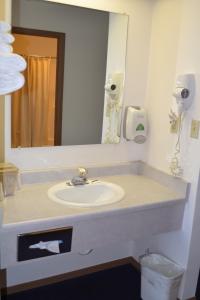 a bathroom with a sink and a mirror at Sky Lodge Inn & Suites - Delavan in Delavan