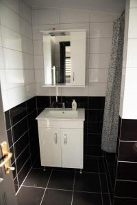 La salle de bains est pourvue d'un lavabo blanc et d'un miroir. dans l'établissement Casa Florus, à Sighetu Marmaţiei